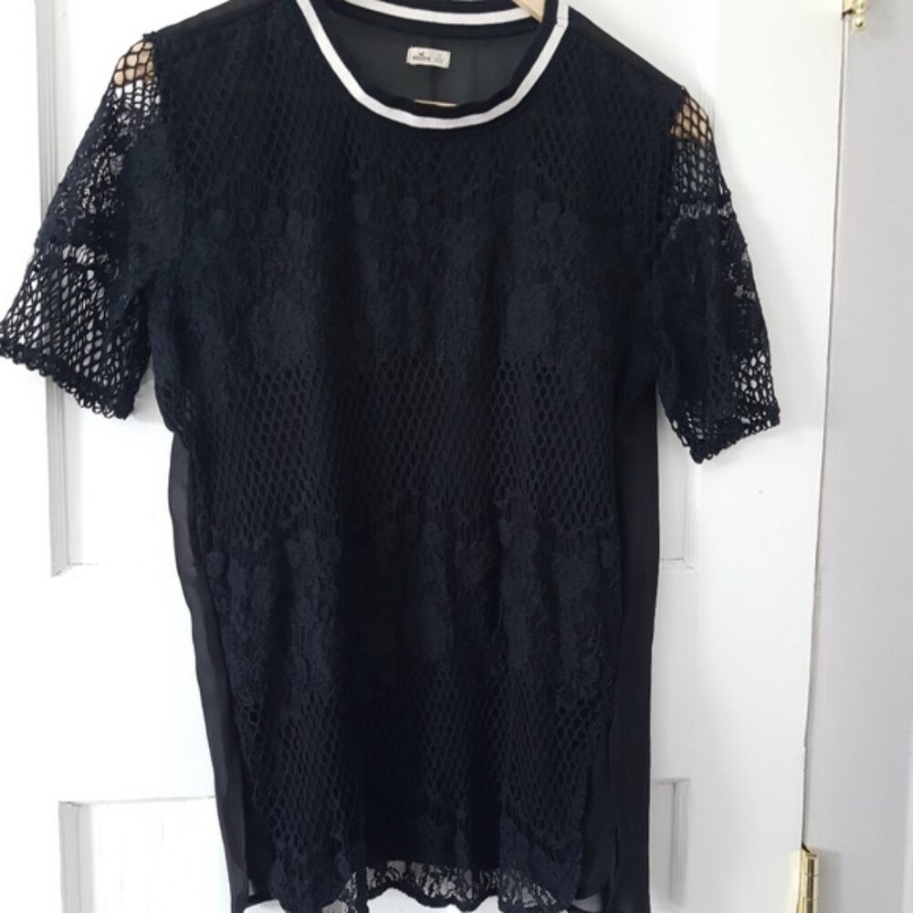 Hollister Y2K Lace Mesh Overlay Open Knit Short Sleeve Blouse Top Sz S